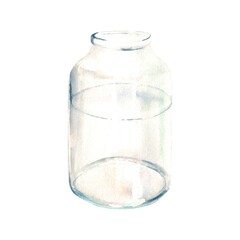 Transparent glass bottle, vase, jar. Watercolor hand drawn illustration on a white background.