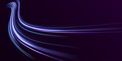 Blue line png, magic glow, shine. Light dynamic motion vector art, light trail, high speed effect. Glowing magic light effect and long trails of fire motion. Purple swirl power waves flow vector.     