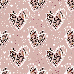 Heart, stylized leopard pattern, stars. Seamless pattern inside the heart. Pastel background concept Love, beauty, fashion. One continuous line drawing and spots of animal skin.