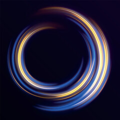 Luminous gold circle. Light trail curve swirl, incandescent optical fiber png. Neon laser wave swirl. Cyber futuristic divider border. Purple and blue beam. Golden glowing spiral lines vector.