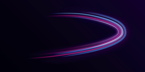 3d speedy neon light trails made with ultra violet and blue laser light. High speed effect motion blur night lights. semicircular wave, light trail curve swirl, incandescent optical fiber png vector.