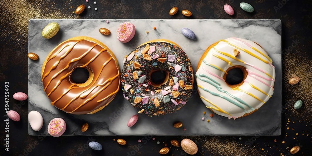 Poster panoramic image of donuts on a marble slab generative ai