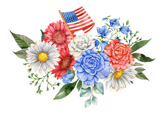 4th of July Patriotic Concept. Independence Day design element. Hand Painted Watercolor Floral Arrabgement . Botaical Illustration
