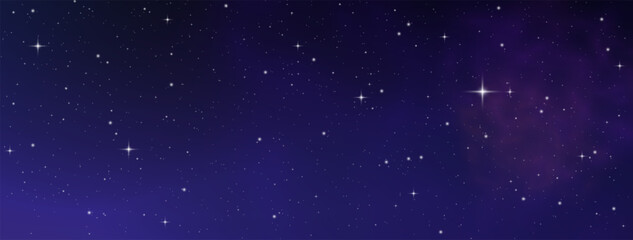 Space background with realistic nebula and glitter star. Deep cosmos stardust. Realistic starry sky with blue glow. Shining stars in the dark sky. Vector illustration. 
