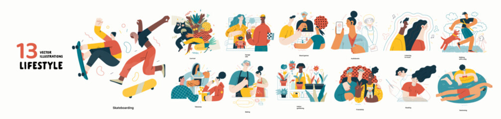 Lifestyle series set - modern flat vector illustrations of people living their lives and engaging in a hobby. People society activities methapors and hobbies concept - obrazy, fototapety, plakaty