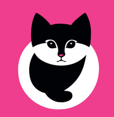 Domestic cat posed on a bright pink background, with a white circle outlining the subject