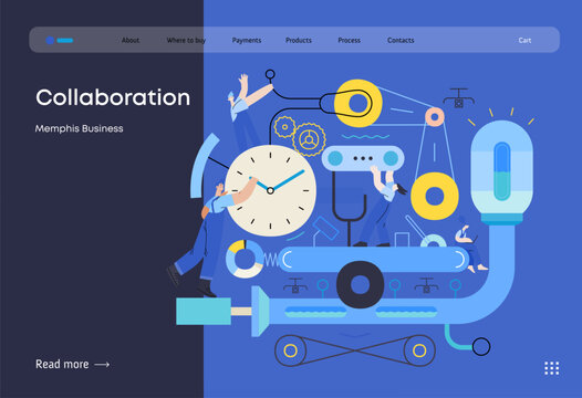 Memphis business illustration. Collaboration -modern flat vector concept illustration of team, people working together on a product mechanism in a factory. Corporate teamwork metaphor.