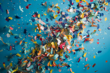 Obraz na płótnie Canvas Colorful confetti flies over blue background. Generative AI. 