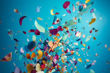 Obraz na płótnie Canvas Colorful confetti flies over blue background. Generative AI. 