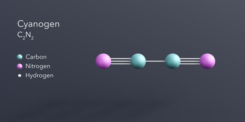 cyanogen molecule 3d rendering, flat molecular structure with chemical formula and atoms color coding