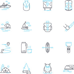 Beach getaways linear icons set. Sand, Waves, Sun, Relaxation, Ocean, Shoreline, Seagulls line vector and concept signs. Surf,Vacations,Tides outline illustrations
