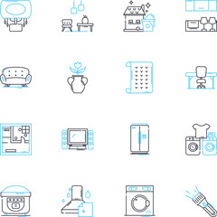 Room styling linear icons set. minimalism, colors, functionality, texture, lighting, comfort, aesthetics line vector and concept signs. statement,balance,cozy outline illustrations