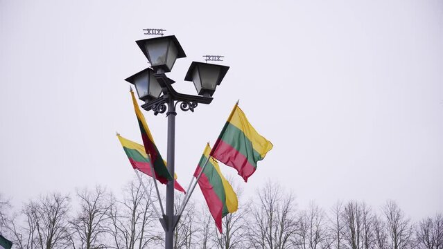 Flag of Lithuania fluttering in the wind on the street lantern against the cloudy sky
