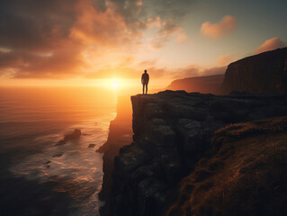 A Person on a Cliff Looking at the Sea at Sunset | Generative AI