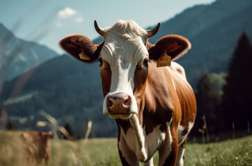 A cow on the grass staring, mountains in the background. Generative Ai.