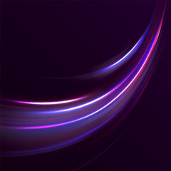 Purple and blue glowing wave swirl, impulse cable line. Abstract vector neon wave. Light lines of movement and speed with white color glitters. Bright sparkling background. Laser beams.
