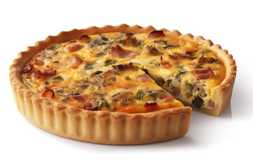 Quiche (pie) with ham, tomatoes, spinach and soft cheese isolated on a white background. Generative AI - obrazy, fototapety, plakaty