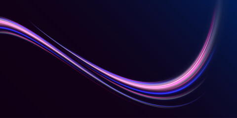 Dynamic translucent soft gradient stream motion. Violet neon color wave. Blue glowing shiny lines effect vector background. Light trail wave, fire path trace line and incandescence curve twirl. 