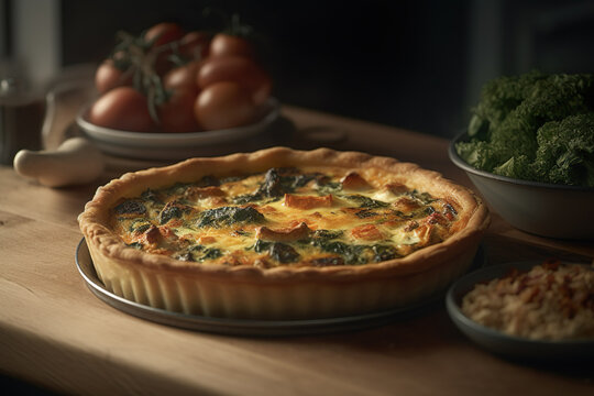 Quiche (pie) with ham, tomatoes, spinach and soft cheese on a rustic background. Generative AI
