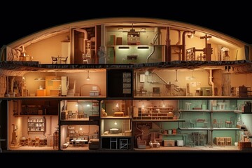 The fallout shelter is a multi-level structure that includes walls, tubes, air filtration systems, storage spaces, individual living quarters, shared spaces, and emergency exits. AI-generated