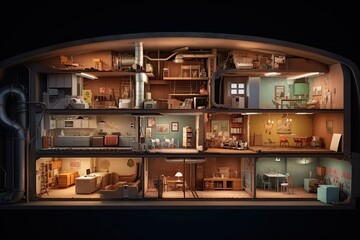 fallout shelter is a multi-level structure designed to protect against nuclear fallout with air systems, storage spaces, individual living rooms and shared spaces, and emergency exits. AI-generated