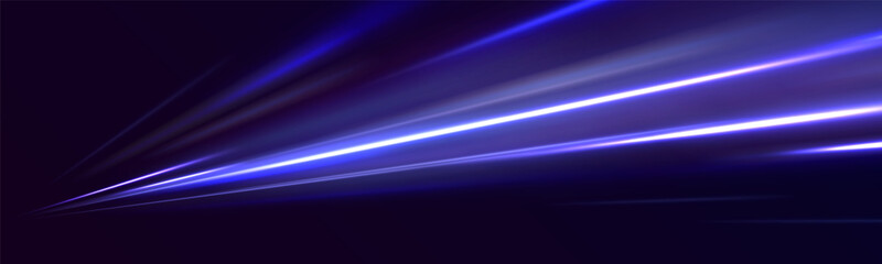 Abstract technology futuristic neon circle glowing blue and white light lines with speed motion blur effect on dark blue background. Light line moving with speed. 