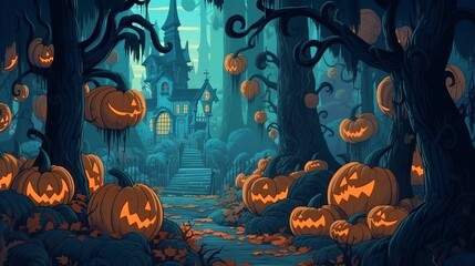 Halloween, pumpkins in a dark haunted forest. Generative AI
