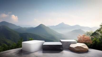 rock stone product podium display for luxury summer product presentation, beautiful mountains and clear sky in the background. Generated ai