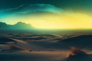 Fototapeta na wymiar beautiful vast desert, the sky shines in beautiful colors created with Generative AI technology