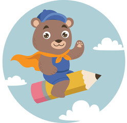 Bear Fly with Pencil Cartoon Illustration
