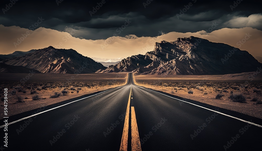Poster view from the front of a deserted stretch of highway generative ai