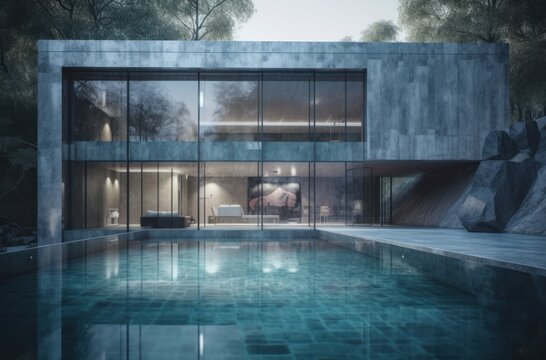 Design house - modern villa with open plan living and private bedroom wing. Large terrace with privacy and, swimming pool. Generative AI. © Mix and Match Studio