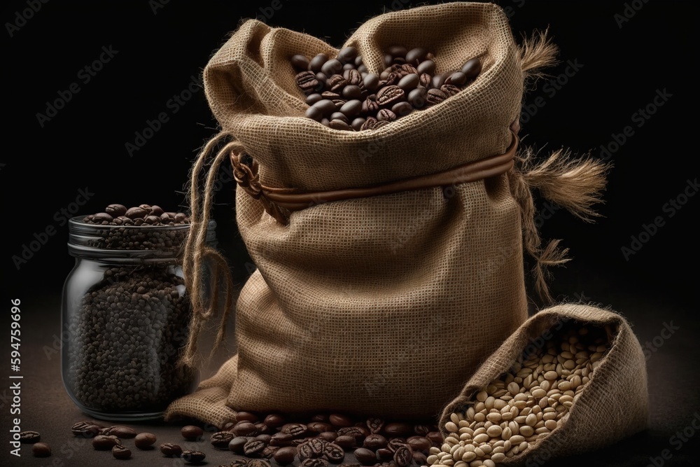 Poster burlap bundle of coffee beans and a latte on a dark backdrop. generative ai