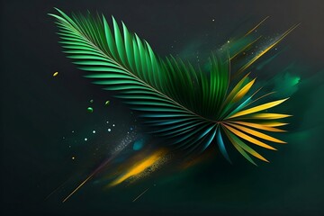Fototapeta na wymiar Luxury emerald background with exotic palm leaves, AI generated image