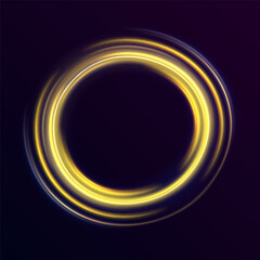 Space tunnel. Line light effect golden vector circle. Abstract glitter lines of movement and speed. Trace of a fiery ring. Glitter magic glitter swirl trail effect. 