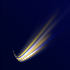 Transparent light effect with crooked trail and golden sparkles. Light trace effect. Vector image of colorful glitter trails with motion blur effect, long exposure. Neon motion glowing wavy line.