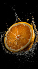 Fototapeta na wymiar Cut oranges fall into water, splashing., ai generated