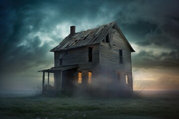 Altes verlassenes Haus das kaputt ist, bew&ouml;lkt und nebelig.
