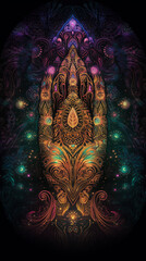 Hamsa hand with ornamental floral ornament on dark background. Generated ai