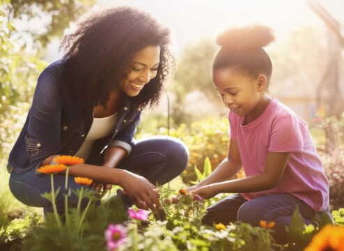 Close-up of black mother and young daughter smiling and looking at flowers and plants together in the garden.  Backlit.  Illustration created with Generative AI technology.