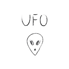 Doodle cosmos illustration in childish style. Hand drawn space card with lettering ufo, alien. Black and white