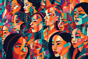 A striking digital art piece depicting a crowd of women with colorful faces, representing diversity and the beauty of inclusivity.. Generative Ai - obrazy, fototapety, plakaty
