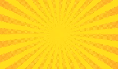 Foto op Plexiglas Yellow comics background. Abstract lines backdrop. Bright sunrays. Design frames for title book. Texture explosive polka. Beam action. Pattern motion flash. Rectangle fast boom. Vector illustration © Omeris