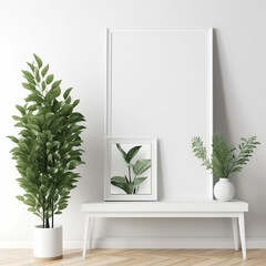 Stylish design of interior room with mock up poster frame on the white wall and green plants