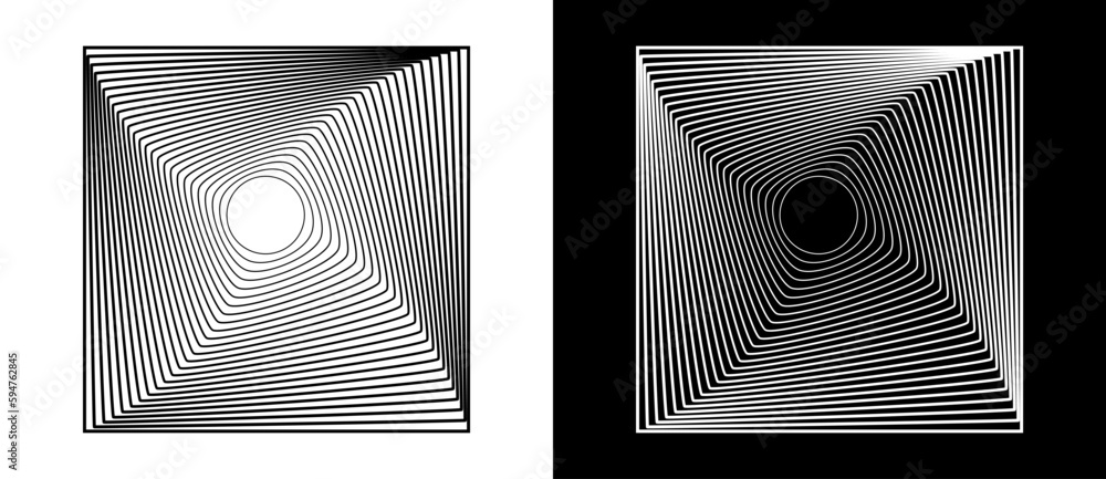 Aufkleber Abstract background  with squares in spiral. Black shape on a white background and the same white shape on the black side. Transition from square to circle in center.