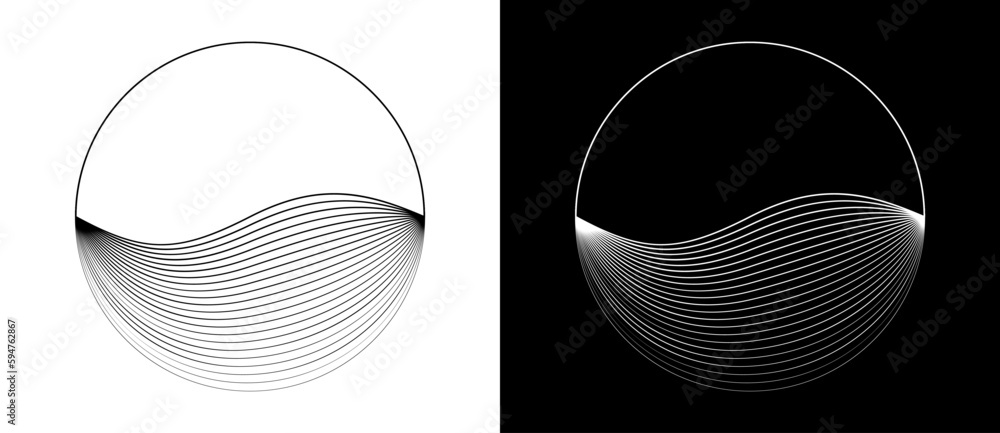 Poster Circle abstract background  with dynamic waves lines. Black shape on a white background and the same white shape on the black side.
