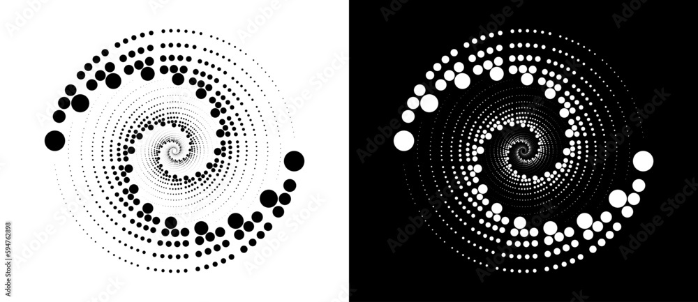 Aufkleber Circle abstract background  with dynamic halftone dots in spiral. Black shape on a white background and the same white shape on the black side.