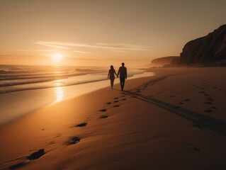 Fototapeta na wymiar A couple walks hand in hand on a sandy beach at sunset
