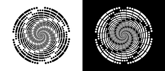 SOS Morse code in circles. Circle abstract background  with dynamic lines and dots in spiral. Black shape on a white background and the same white shape on the black side. - obrazy, fototapety, plakaty