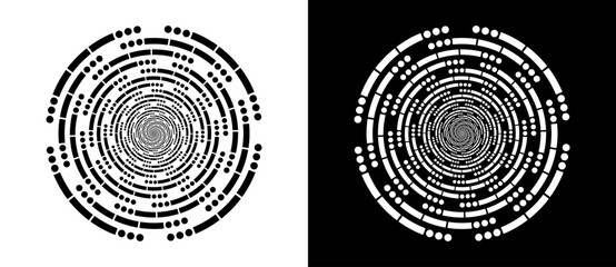 SOS Morse code in circles. Circle abstract background  with dynamic lines and dots in spiral. Black shape on a white background and the same white shape on the black side. - obrazy, fototapety, plakaty